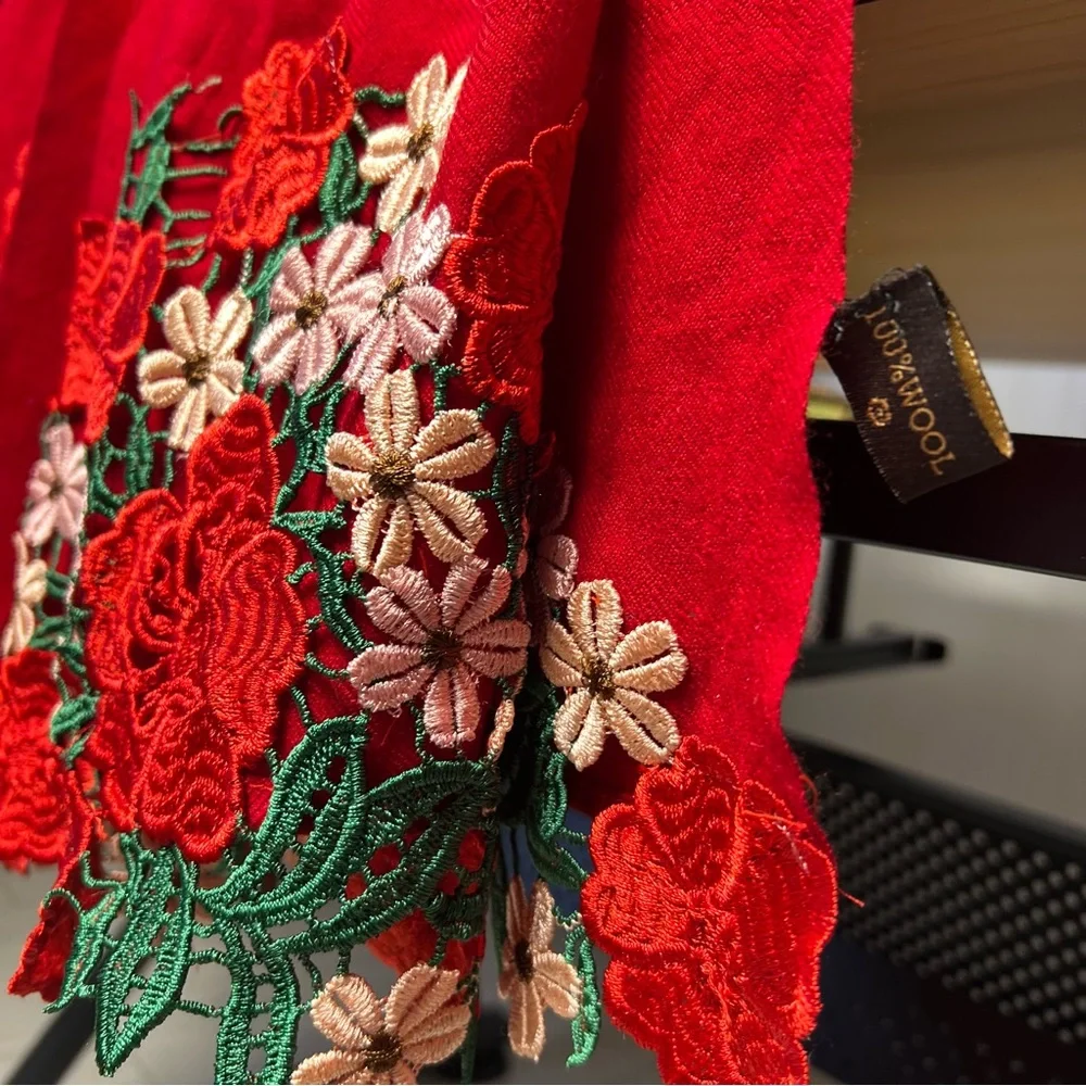 Vibrant Red Scarf Wrap 100-%‎ wool It has small holes,but they are very small.